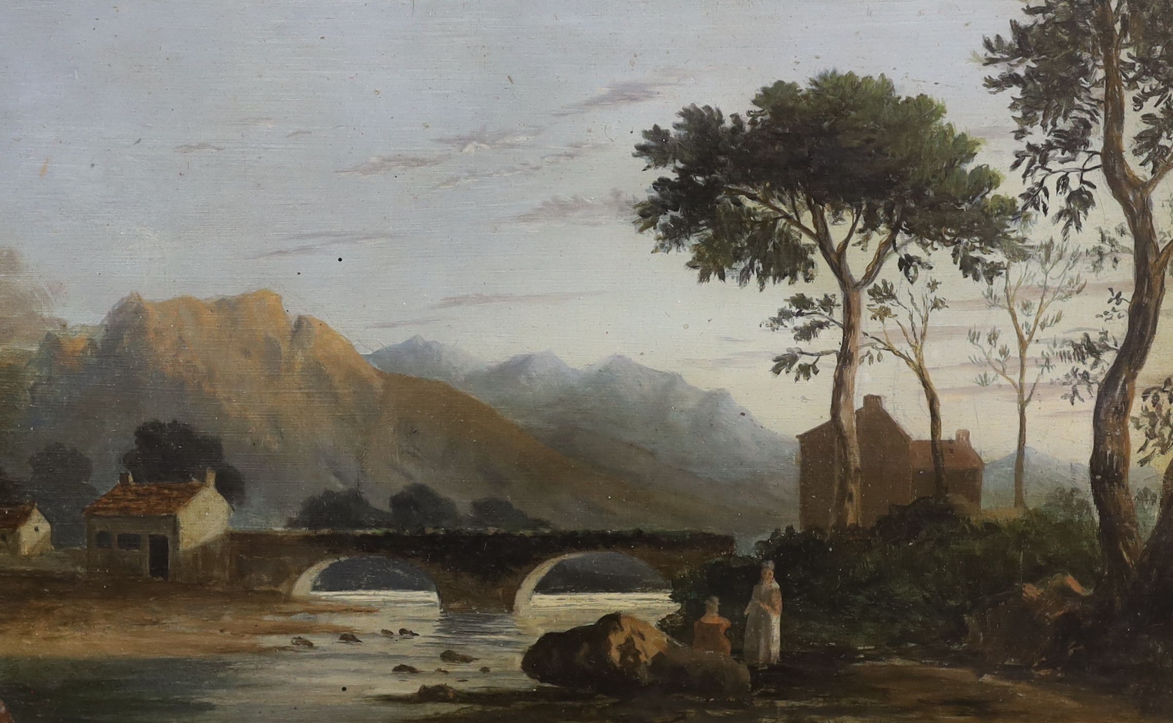 19th century English School, oil on panel, River landscape with figures near a stone bridge, 22 x 35c, an unframed oil still life of flowers and unframed oil on panel of a flower girl